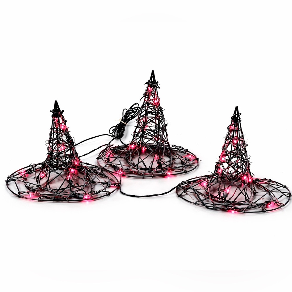 Vintage Lighted Halloween Witch Hat Decoration Set of 3